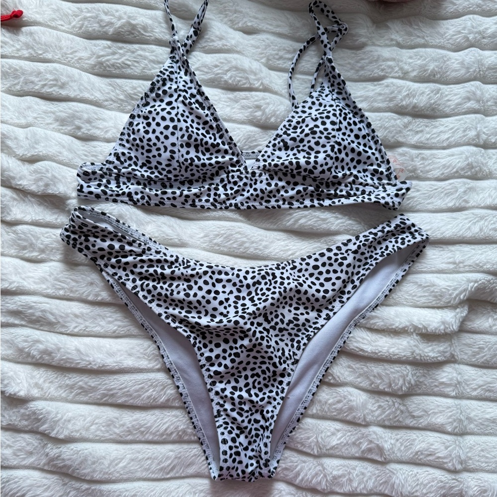 ROMWE White & Black Dalmatian Print Triangle Bikini
